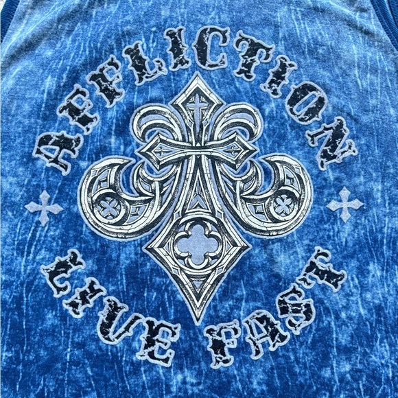 Affliction Mens Small Blue Reversible Gothic Graphic Tank Top - Picture 8 of 8